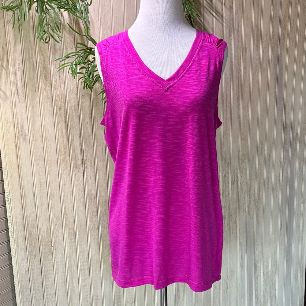 BCG Fuchsia V-Neck Tank Top, Size Large, EUC, Gathered Shoulder Design
